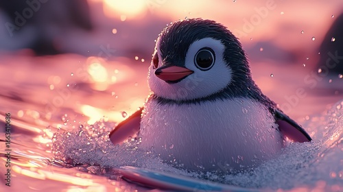 Cute penguin swimming in water illustration