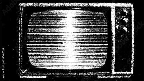 Vintage tv with static and horizontal distortion. Grunge monochrome vector illustration in a retro electronics style.