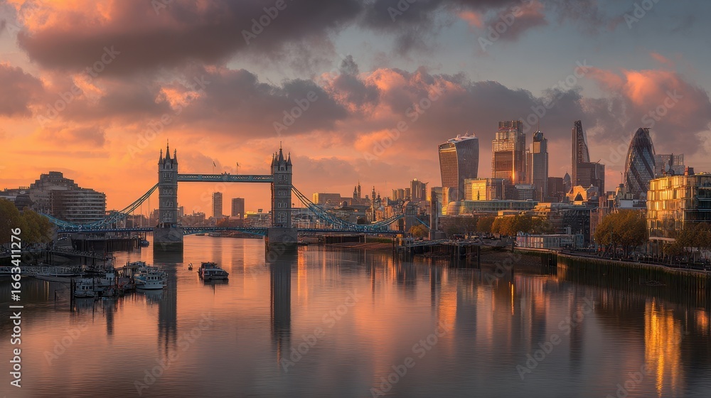 Fototapeta premium View of London skyline at sunset highlighting Tower Bridge and modern architecture