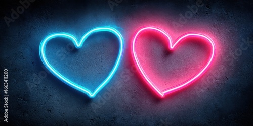 A Vibrant Display of Neon Hearts Illuminating the Dark Background in Blue and Pink, Symbolizing Love and Connection