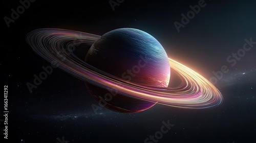 Colorful ringed planet in deep space