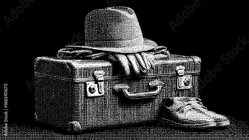Set with suitcase, hat, gloves, and shoes in vintage style. Monochrome dot shading vector illustration with classic fashion elements.