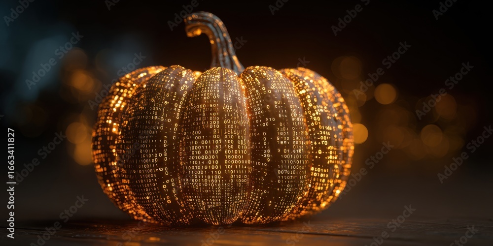 Fototapeta premium Transforming Tradition: A Digital Pumpkin Visualization Merging Halloween Spirits with Modern Technology and Binary Artistry for a Unique Celebration of Autumn.