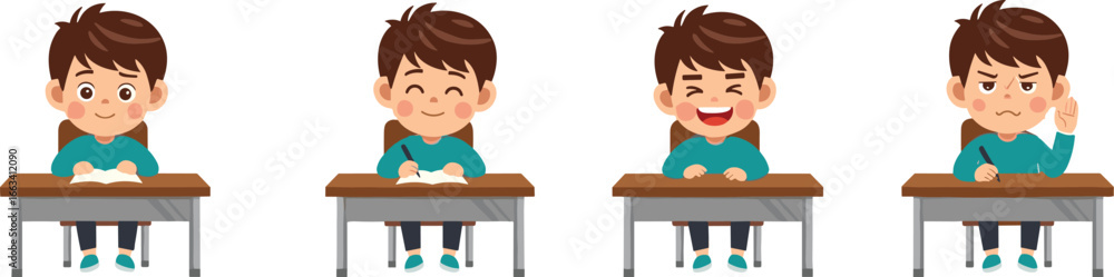 Cartoon boy sitting at school desk expressing emotions, studying, writing, laughing, thinking, education concept, learning activity, classroom illustration, cute character Cartoon boy sitting at school desk expressing emotions, studying, writing, laughing, thinking, education concept, learning activity, classroom illustration, cute character