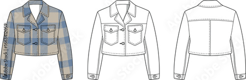 CAD drawing flat vector illustration of cropped plaid button up jacket with chest pockets, stylish garment template, front and back view fashion sketch