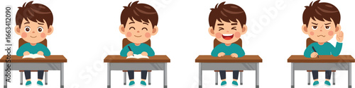 Cartoon boy sitting at school desk expressing emotions, studying, writing, laughing, thinking, education concept, learning activity, classroom illustration, cute character