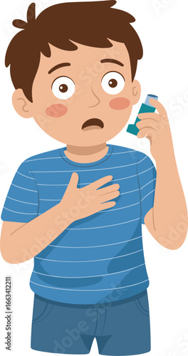 Cartoon boy with asthma attack holding inhaler, breathing problem illustration, childhood respiratory health, medical care, allergy treatment, emergency breathing support