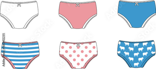 Colorful girls underwear flat sketch, cute panties with bow and lace, striped, polka dot, printed fashion lingerie vector design template