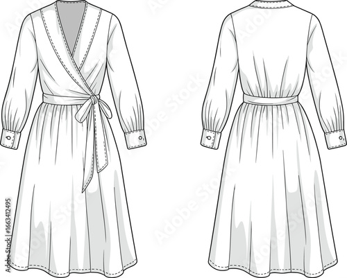 Elegant wrap dress fashion flat sketch, long sleeve midi dress illustration, technical drawing garment design, front and back view, sewing pattern template