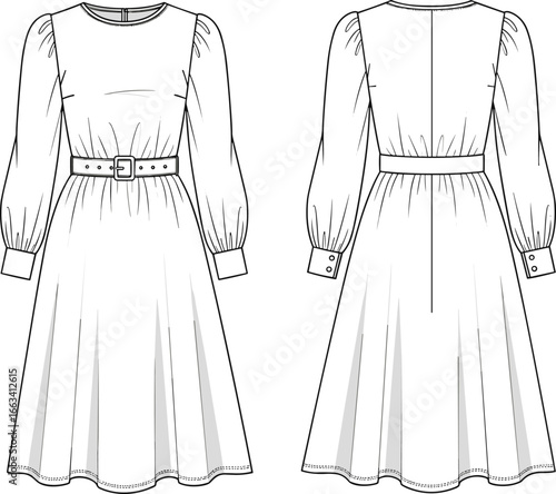 Fashion technical flat sketch, belted long sleeve dress, elegant midi clothing design, sewing pattern template, apparel vector, garment illustration, couture fashion