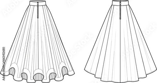 Fashion technical flat sketch, high waisted flared skirt, circle hem design, sewing pattern template, apparel vector, clothing illustration, garment design