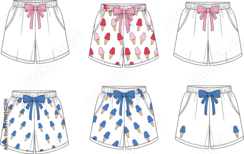 Fashionable summer shorts design illustration, cute ice cream print shorts, women casual pajama shorts, trendy loungewear, kids sleepwear bottoms, fashion flat sketch