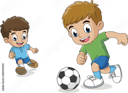 Happy children playing soccer together, cartoon boys running with football, kids enjoying outdoor sports activity, cheerful teammates competing, fun childhood game scene