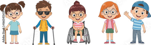 Happy diverse children with disabilities, cartoon characters, wheelchair user, visually impaired, inclusive education, accessibility, smiling kids, vector illustration, diversity
