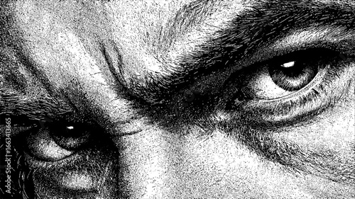 Closeup of expressive eyes, brow, and skin with detailed lines and texture. Vintage engraving style vector illustration with strong black and white contrast.