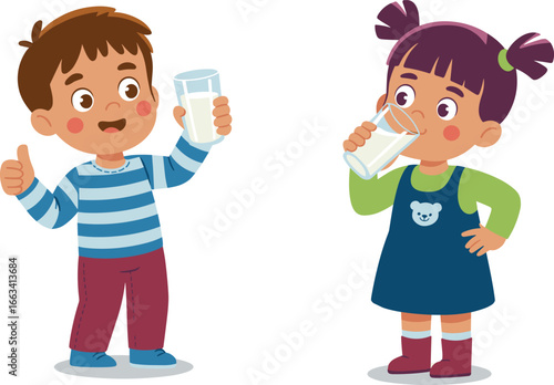 Happy kids drinking milk, healthy lifestyle, kids' nutrition, playful children, nutritious beverages, healthy habits, enjoying milk, family, together