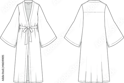 Kimono robe flat sketch, fashion garment template, loungewear clothing design, women’s robe illustration, technical drawing, vector apparel mockup, dressing gown design
