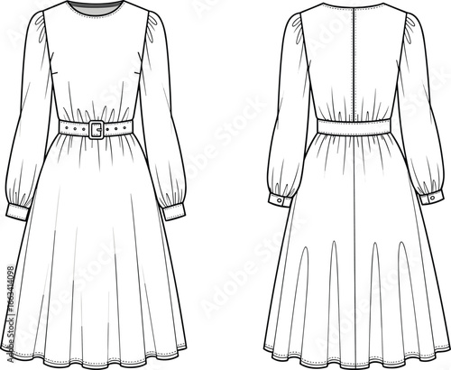 Long sleeve dress template, belted midi dress design, women fashion dress mockup, elegant clothing illustration, dress flat sketch, garment template vector