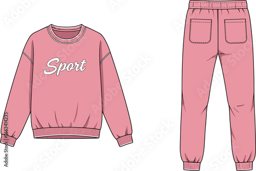 Pink sport tracksuit, casual sweatshirt and jogger pants, athletic wear fashion, sportswear illustration, comfortable outfit design, modern clothing template, trendy apparel