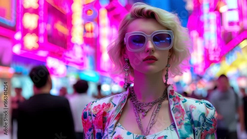 Stylish blonde woman in oversized sunglasses poses on neon city street at night.