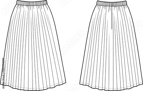 Pleated skirt fashion flat sketch, women midi skirt technical drawing, garment design illustration, front and back view, sewing pattern apparel template