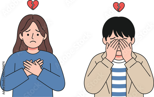 Sad couple illustration, broken heart symbol, unhappy man and woman, relationship breakup, emotional pain, love separation, heartbreak vector art, grief