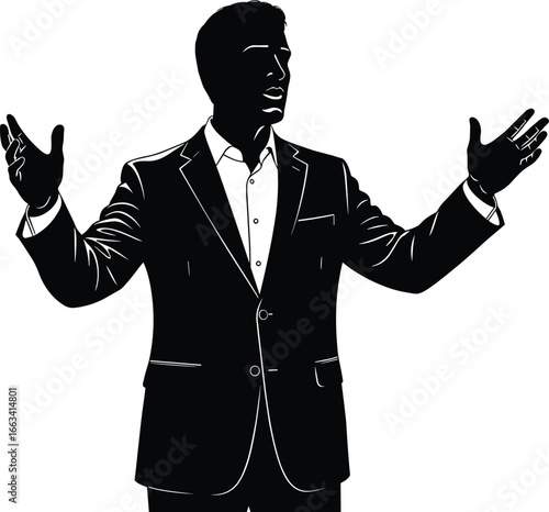 Silhouette businessman in suit speaking with open arms, corporate leader, motivational speaker, business presentation, leadership concept, professional manager, confident communication