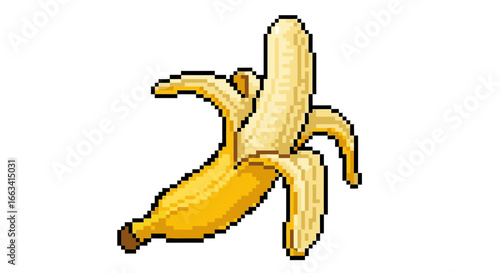 Vibrant pixel art icon of a peeled yellow banana, showcasing its sweet fruit in a classic 8-bit digital style on a clean white background