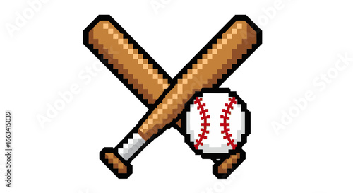 Pixel art icon of crossed baseball bats and a baseball on a white background, perfect for sports-themed designs