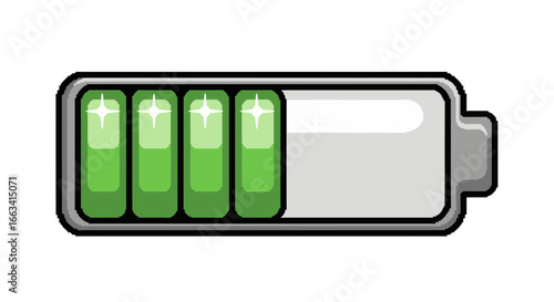 Vibrant green battery charge indicator icon, depicting a three-quarters full power level, perfect for digital interfaces and energy displays, symbolizing robust readiness and efficiency