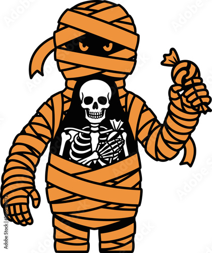 Mummy unwrapping itself to reveal a skeleton holding candy