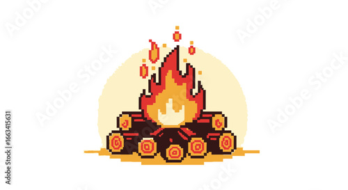 Cozy Pixel Art Campfire Warm Flames and Rustic Logs Icon for Digital Designs