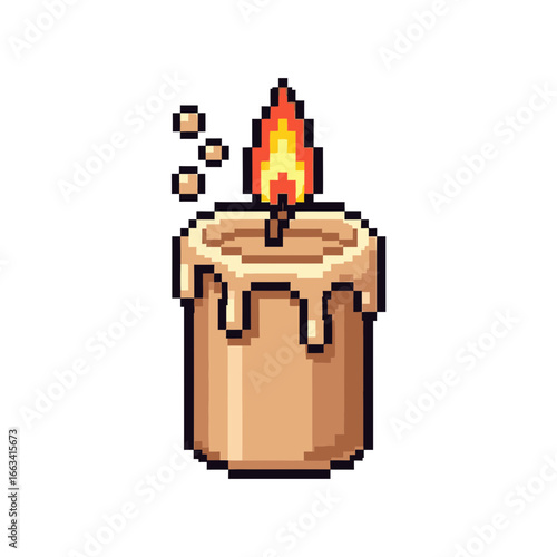 Pixel art icon of a lit candle with dripping wax and smoke, a charming and nostalgic decorative element