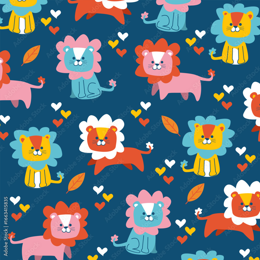 Obraz premium colorful vector cartoon seamless pattern design of lions for kids apparel fullprint fabric