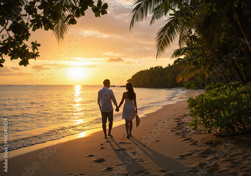 Couple walking hand in hand on beach during sunset in tropical paradise  