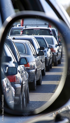 The sideview mirror of a car reflects the vibrant, golden lights of a city street at night, creating a warm, atmospheric scene.