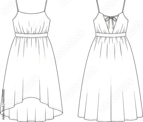 Women’s sleeveless dress, fashion flat sketch, casual summer midi dress, apparel design template, garment vector outline, stylish clothing illustration, outfit design