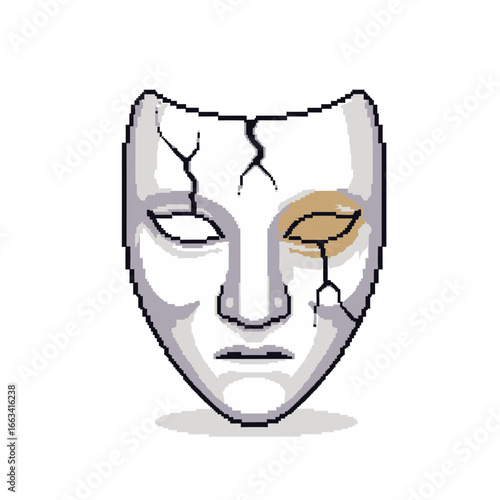Pixel art icon of a mysterious broken white mask with deep cracks and a damaged eye, symbolizing sorrow and hidden identity