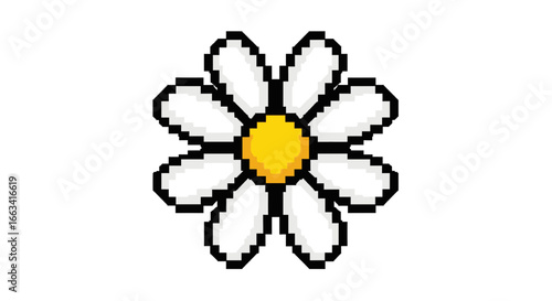 Charming pixel art daisy flower with classic white petals and a yellow center. Simple 8-bit retro floral graphic isolated on white