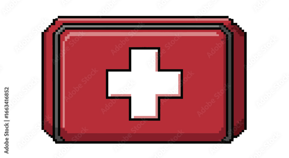 Obraz premium Vibrant pixel art icon depicting a red first aid kit with a prominent white cross, ideal for digital health applications, game interfaces, and emergency assistance designs on a clean background