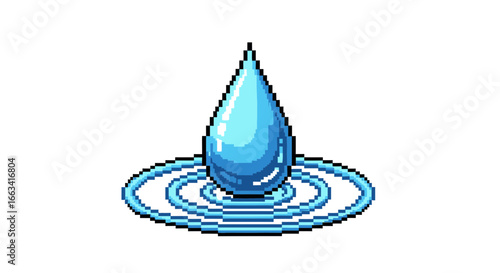 Blue Water Drop Pixel Art Icon with Concentric Ripples Design