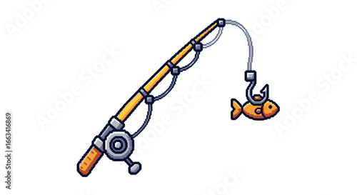 Pixel art icon of a fishing rod with a small orange fish caught on the hook, presented on a clean white background, perfect for recreational themes