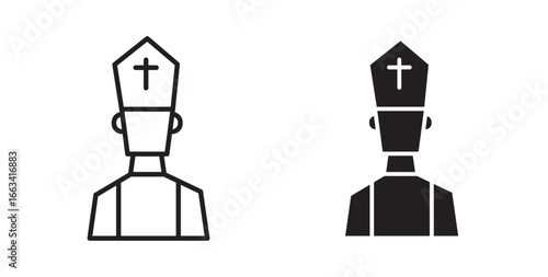 Pope icon or featuring traditional papal attire and mitre with a cross. Ideal for religious, spiritual, or Vatican-related themes. Vector illustration with stroke and fill on a white background.