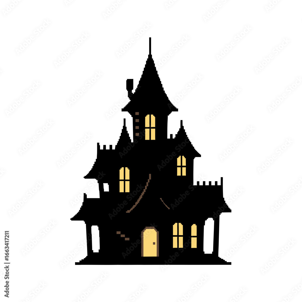Fototapeta premium Vector illustration of a spooky haunted house silhouette with glowing windows, a creepy mansion icon