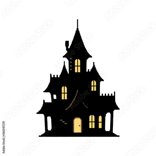 Vector illustration of a spooky haunted house silhouette with glowing windows, a creepy mansion icon