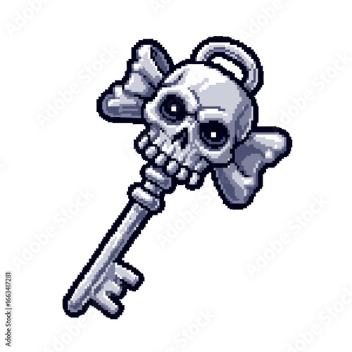 Pixel Art Spooky Key with Skull Bow for Adventure Games and Graphic Design Projects