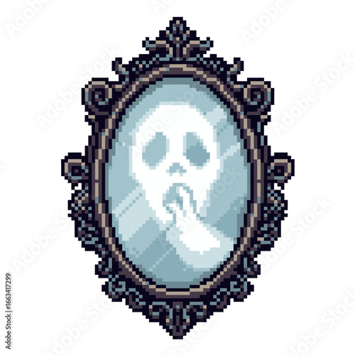 Pixel art haunted antique mirror with a ghostly reflection screaming in despair, a spooky and mysterious digital illustration