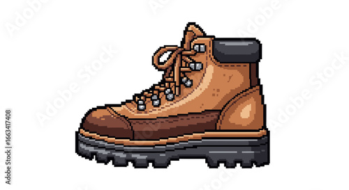 Retro 8-bit pixel art icon of a sturdy leather hiking boot, side view, isolated on a white background