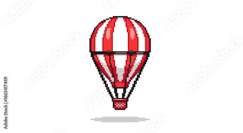 Charming red and white striped hot air balloon rendered in nostalgic pixel art style for travel and adventure concepts