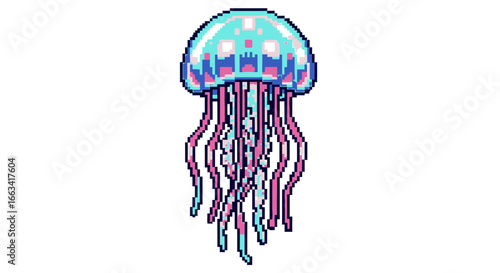 Retro 8-bit pixel art icon of a colorful jellyfish marine animal on an isolated white background